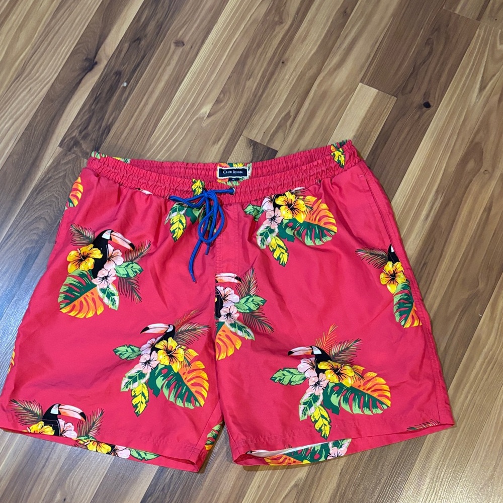 Club Room Red Tropical Print Swim Trunks